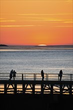 Silhouettes of several people on the pier Freilaufkanal, couple and single persons watch from a