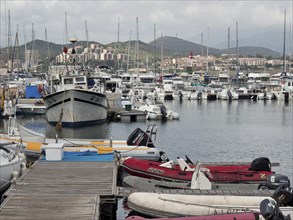 A busy harbour with numerous boats and yachts and modern buildings in the background, Corsica,