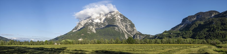 Freshly mown meadow, Grimming mountain range in the morning light, panoramic shot, near Irdning,