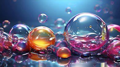 Iridescent bubbles and liquid droplets contained within glistening with an oil like sheen floating,