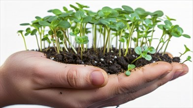 Hand holding a group of small seedlings in soil