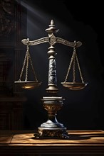 Old rustic balanced scales representing justice and law, AI generated