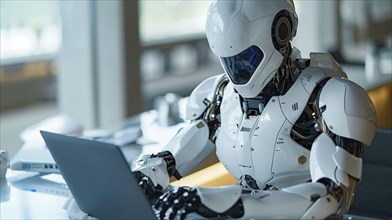 A robot working on a laptop in a sleek, modern workspace with a futuristic design, AI generated