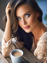 Young pretty woman relaxing in the morning with a cup of coffee, AI generated, AI generated