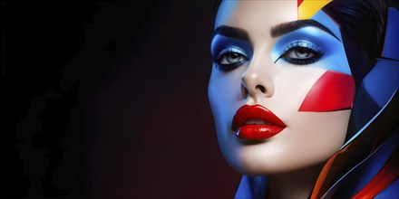 Side view portrait of a woman with red lips and blue eye shadow, AI generated