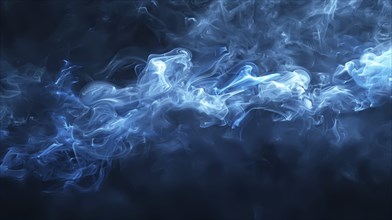 Blue smoke against a dark background, creating an ethereal and abstract atmosphere with swirling