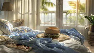 A beach scene with a straw hat and sunglasses on a bed. The window is open, letting in the