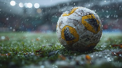 A soccer ball on wet grass under the rain, AI Generated, AI generated