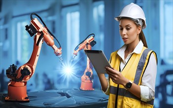 Industrial engineer with tablet control, automation of robotic arms, intelligent monitoring, AI