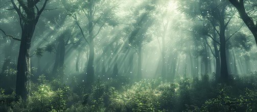 A mystical forest scene bathed in ethereal sunlight that filters through dense trees casting serene