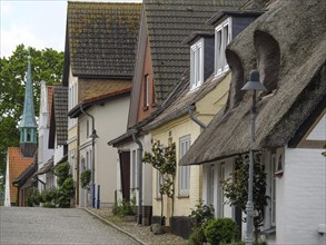 Traditional houses with thatched roofs and a pointed tower at the end of the street, along a quiet,