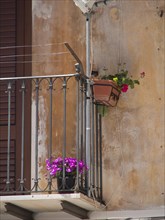 Flowers in boxes on a balcony of an old building, rustic ambience, palermo in sicily with an