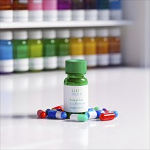 Glass bottle filled with assorted colored painkiller pills, AI generated