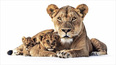 Lioness lies protectively with her two cubs, showcasing maternal care and warmth, AI generated