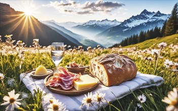 Snack, picnic on a wildflower meadow in the mountains, AI generated, AI generated