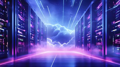 Server racks aligned in rows within a cloud computing data center background and data streams