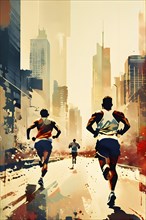 Vintage grungy poster of marathon runners with cityscape skyline background, AI generated