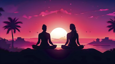 Illustration of a yoga pose silhouette in calm harmony bathed in the breathtaking palette of a