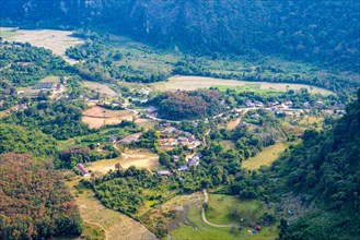 Panorama of Vang Vieng and the Kart landscape from Pha Ngern View Point, Vientiane Province, Laos,