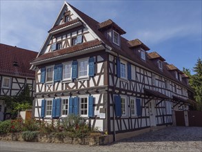 A traditional half-timbered house with blue shutters and flowers in the foreground under a sunny