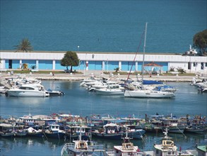 Harbour full of boats and yachts, calm blue water, summery coastal atmosphere, Tunis in Africa with