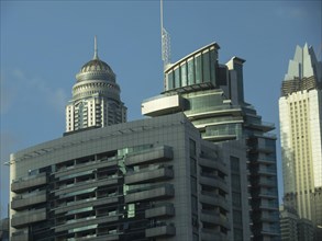 Modern skyscrapers in front of a clear blue sky in Dubai, dubai, arab emirates