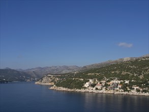 Coastal view with houses on wooded hills by the sea and blue sky, the old town of Dubrovnik with