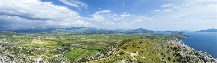 Panorama of Fields and Mountains from a drone over Lekursi Castle on Lekursi Hill over Saranada,
