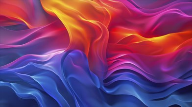 Digital artwork featuring flowing colorful waves in red, orange, yellow, purple, and blue on a dark