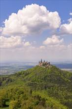 Hohenzollern Castle near Hechingen, blue cloudy sky, Zollernalbkreis, Swabian Alb,