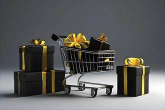 Black friday shopping cart brimming with black gift boxes tied with yellow ribbons against a dark
