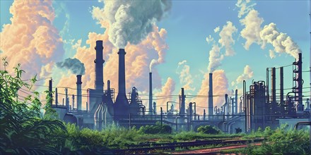 Digital render illustration of an industrial landscape scene in a minimalistic hyper realistic