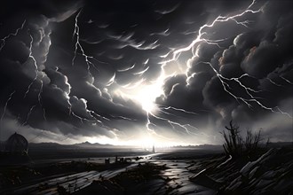 Illustration of a apocalyptic thunderstorm with end of the world scenario featuring lightning