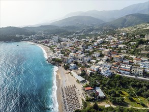Seaside view over Himare from a drone, Albanian Riviera, Albania, Europe