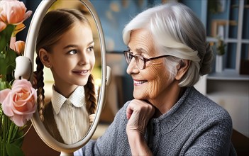 An old woman looks in the mirror and sees herself as a young girl in her reflection, AI generated,