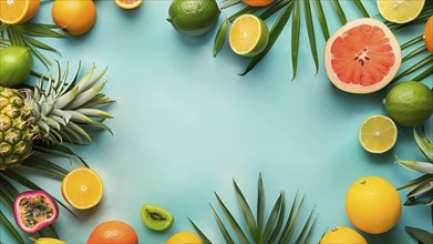 Frame of healthy fruit on a blue background. Flat lay, AI generated