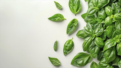 Basil leaves scattered on a white background, showcasing their freshness and vibrant green color,