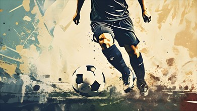 Abstract vintage grungy poster of a soccer player, AI generated