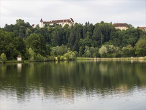 Sulmsee, Seggau Castle in the background, panoramic view, near Leibnitz, Styria, Austria, Europe