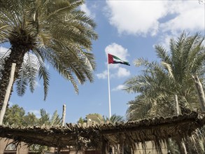 Flag of the United Arab Emirates waving in the wind, surrounded by palm trees and a thatched roof,