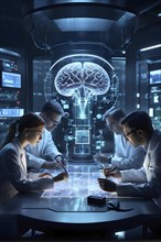 Scientists collaborating in a futuristic lab developing artificial intelligence, AI generated