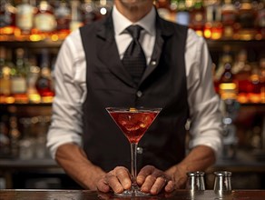 Bartender mixes cocktails in an elegant hotel, AI generated