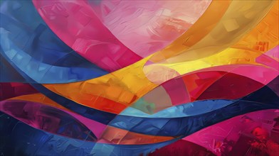 Abstract painting with flowing patterns and vibrant colors such as pinks, blues, and oranges,