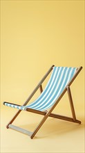 A blue and white striped beach chair with wooden legs. The chair is empty and is sitting on a