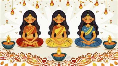 Three women in traditional attire, meditating with oil lamps against a mandala pattern, AI