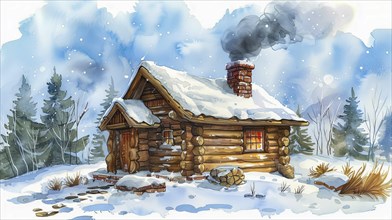 Cozy log cabin in a snowy forest with a smoking chimney and pine trees, AI generated