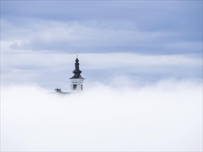 Church tower rises out of the morning mist, Frauenberg pilgrimage church, near Leibnitz, Styria,