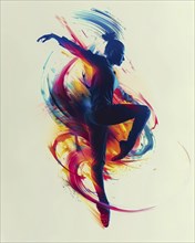 Ballet dancer in mid-leap enveloped by a vibrant explosion of colors, giving a sense of dynamic