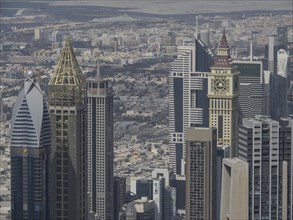 Detailed view of modern skyscrapers and urban surroundings by day, Dubai, Arab Emirates