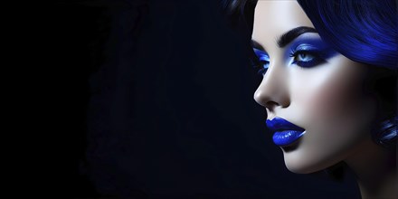 Side view portrait of a woman with blue lips and blue eye shadow, AI generated